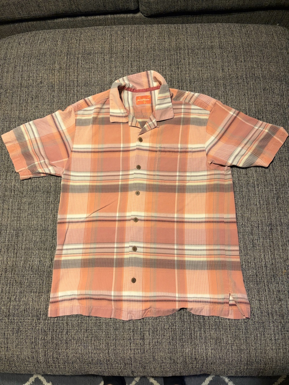 Tommy Bahama Peach and White Plaid Short-Sleeve Button-Up Shirt